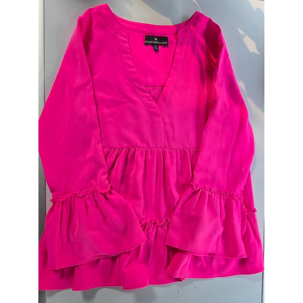 Pomander Place XS Hot Pink Kenzo Ruffle Sleeve‎ V-Neck Top Flowy Bohemian Chic